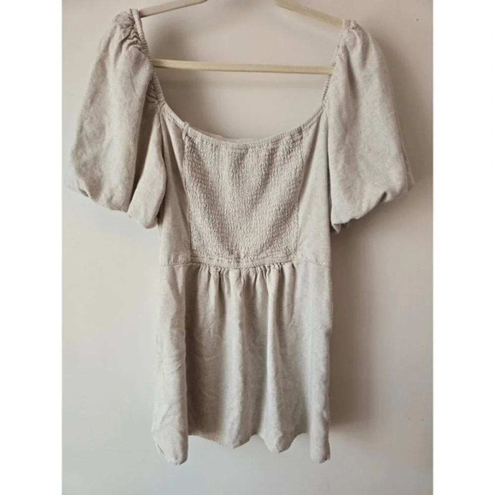 Abercrombie & Fitch Mini Dress Square‎ Neck Puff Sleeve Smocked Beige XL - Picture 3 of 11